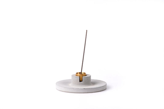 Concrete incense stick holder with brass (disc) - "grey"