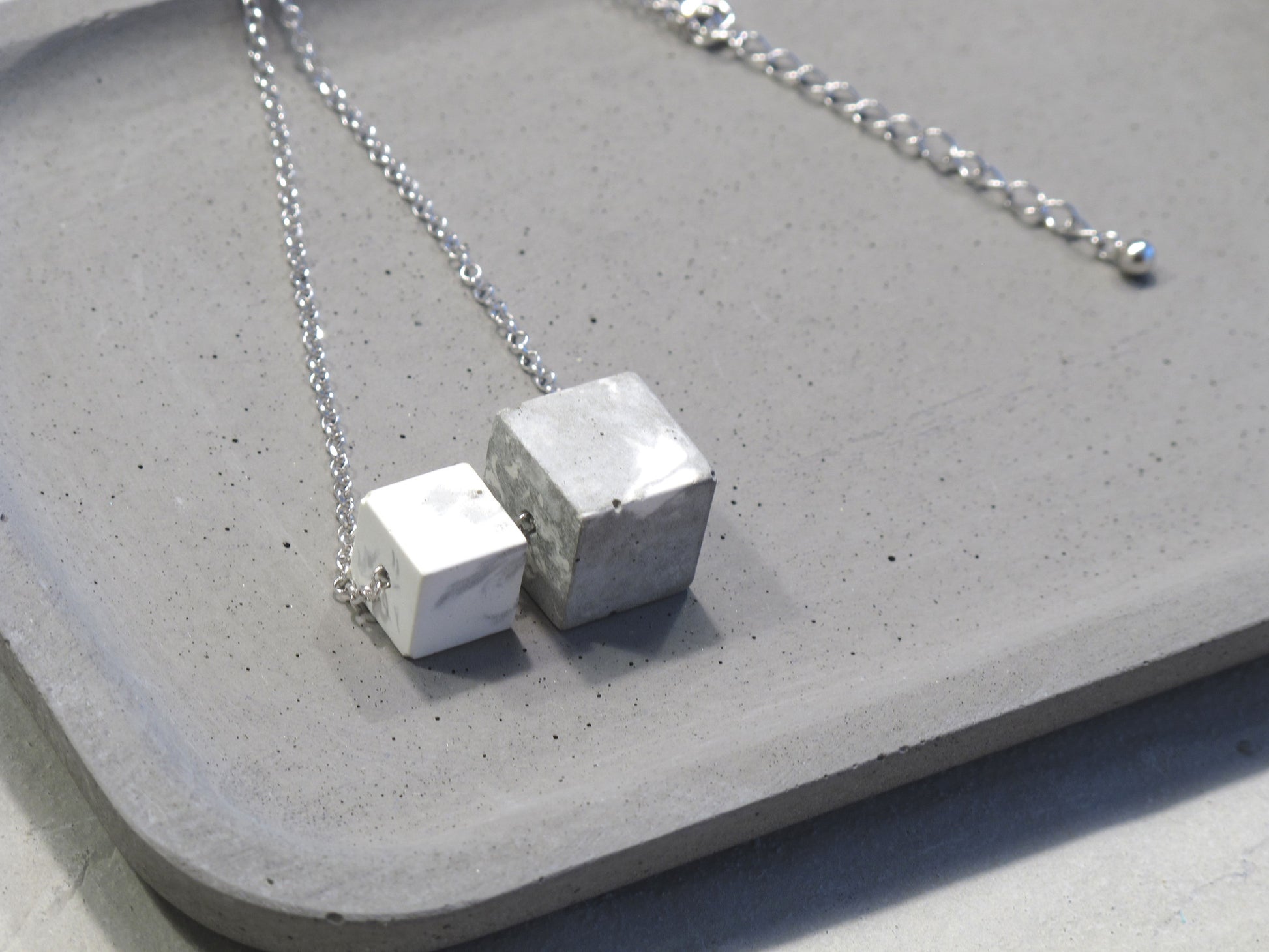 Minimal sterling silver necklace with Marbling concrete beads (Cubes)