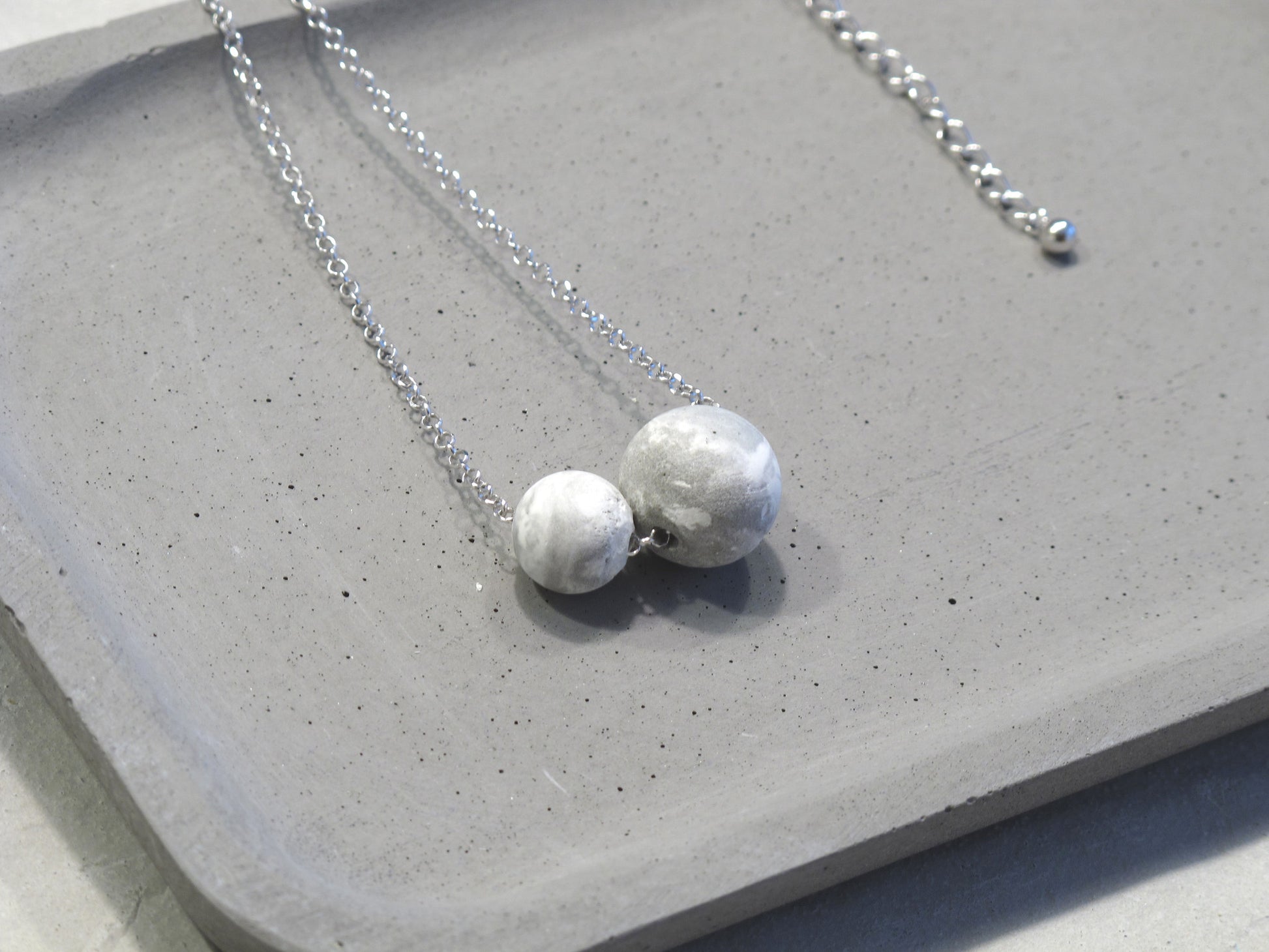 Minimal sterling silver necklace with Marbling concrete beads (Spheres)