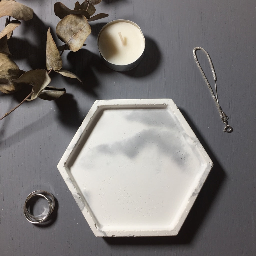 Concrete hexagon tray / accessory holder (small) - "marble white"